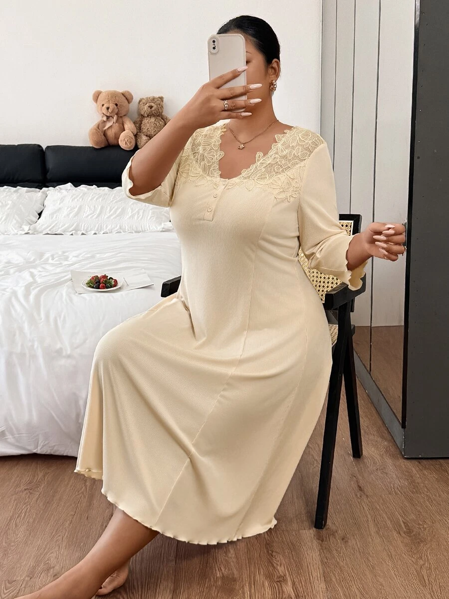 Napfluff CURVE Napfluff CURVE Plus Size V-Neck Nightgown With Heavy Floral Collar Decor, Lettuce Edge And Small Front Opening - Apricot - View 1