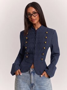 SHEIN BAE 時尚設計打結鈕扣裝飾休閒通勤長袖夾克 - 藏蓝色 - 查看 5