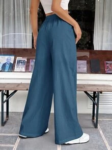 SHEIN EZwear 休閒寬鬆藍色梭織長褲 - 藍色 - 查看 5
