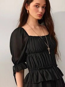 Willow Rêve Women's A-Line Black Mini Dress,Solid Color,Pleated Square Neck,Ruffle Short Sleeves,Summer Western Boho Romantic Elegant Casual,Vacation Party - Black - View 5