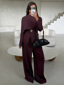 Aloruh Women's Lapel Metal Decor Blazer + Wide Leg Pants Set - Purple - View 4