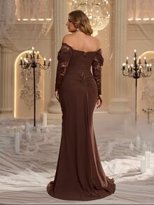 Glamrae Plus Size Elegant Glamorous Coffee Brown Cold Shoulder Lace Patchwork Heavy Embellishment Draped Evening Gown - Coffee Brown - View 2