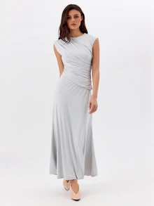 KÆRIA Hus Sculpted Ruched Sleeveless Dress - Soft Drape Mixed Media Gray Elegant Minimalist Formal Dinner Cocktail Night Evening Date Wedding Summer - Grey - View 5