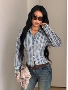 StreetHx 女款淺灰色條紋長袖襯衫，修身性感休閒時尚街頭風Y2K秋季襯衫，百搭日常出遊襯衫 - 淺灰色 - 查看 6