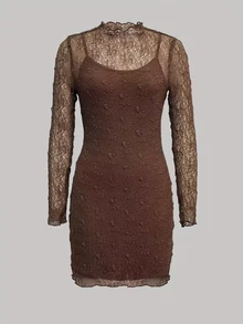 SHEIN Women's Long Sleeve Lace Fitted Mini Dress With Camisole Dress Set - Brown - View 3