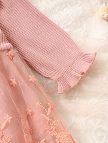 SHEIN 2件組新生女嬰公主風甜美粉色3D花朵蝴蝶結蕾絲網紗長袖派對禮服，秋冬生日洗禮棉質蓬蓬裙洋裝 - 藕粉色 - 查看 7