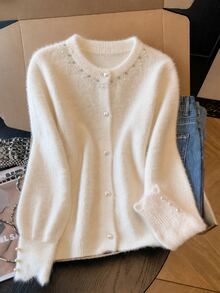 GlowEve CURVE Plus Size Faux Mink Knit Cardigan For Fall Winter, Rhinestone & Pearl Trim Round Neck, Pearl Buttons Puff Sleeve Elegant White Commuter Outerwear - Beige - View 1