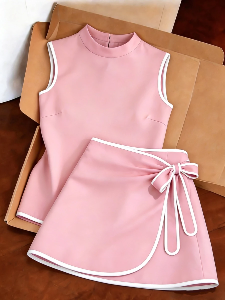SHEIN Franclia 亞洲新中式簡約小立領無袖上衣與對比色裙子兩件套，杏色