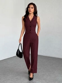 SHEIN PETITE 休閒無袖開襟背心與寬鬆長褲套裝，秋冬款 - 酒紅色 - 查看 1