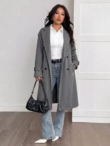 SHEIN PETITE 女款素色長袖保暖內裡休閒風衣 - 灰色 - 查看 3
