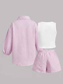 SHEIN 女童編織條紋休閒襯衫 + 吊帶背心 + 短褲 3 件套，馬標，黃色條紋 - 淺粉色 - 查看 3