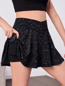 SHEIN 少女休閒運動體操瑜伽亮面優雅高彈性銀箔街頭風運動裙 - 黑色 - 查看 1