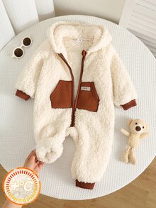 SHEIN Baby Boy Autumn/Winter Color Block Zipper Front Plush Hooded Romper - Apricot - View 7