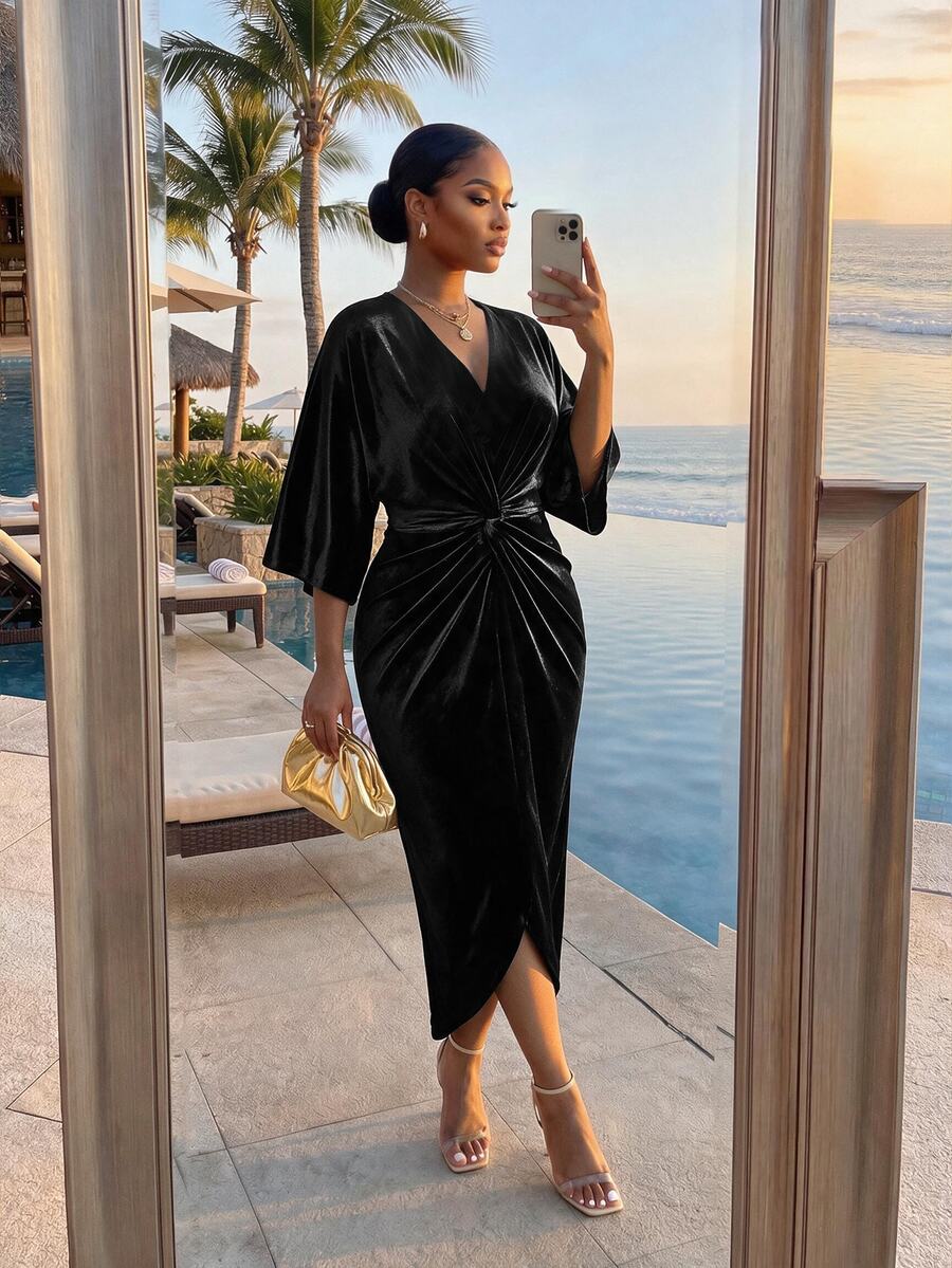 SHEIN Lady CURVE Plus Size Elegant Party Knot Waist Dress - Black - View 1