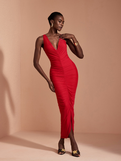 JIAN LASALA Red Mesh Sleeveless Deep V Neckline Ruched Uneven Hemline Long Dress Elegant Vacation Party