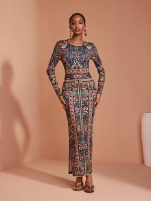JIAN LASALA Knit Long Sleeve Round Neckline Side Slit Long Dress Elegant Vacation Casual - Multicolor - View 3