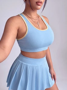 SHEIN Velisys Plus Size Women's Colorblock Cropped Top And Pleated Mini Skirt Sporty Set - Baby Blue - View 3