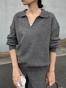 FRIFUL Women's Solid Color Long Sleeve Top And Pants Knit Two Pieces Set - Grey - View 6