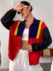 SHEIN EZwear 女款秋冬拼接立領落肩輕便夾克，黑色、紅色、黃色、深紫色 - 紅色 - 查看 5