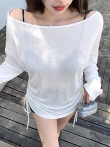 DAZY 女款純色單肩長袖側抽繩休閒性感T恤，適合日常穿搭、外出、夜生活、約會，白色，秋季 - 白色 - 查看 8