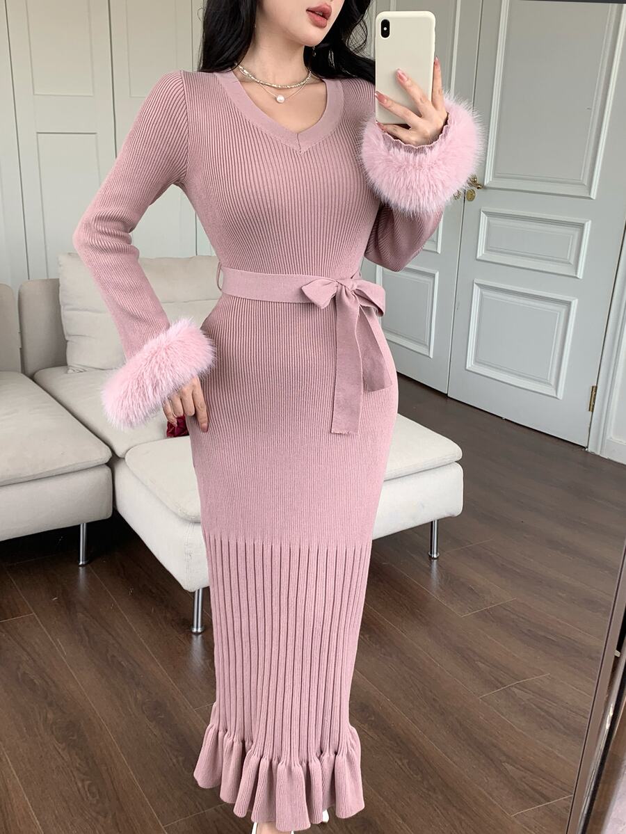 Feyla New French Design V-Neck Cinched Waist Furry Ruffle Cuff Sexy Elegant Lady Style Knit Dress - Dusty Pink - View 1