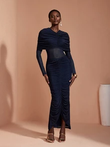 JIAN LASALA Navy Mesh Long Sleeve Ruched V Neckline Long Dress Vacation Party Elegant - Navy Blue - View 1