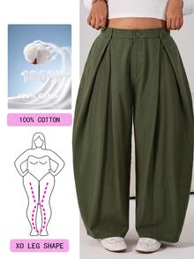 Solflare Plus Size Women's Solid Color Pleated Casual Versatile Daily Travel Long Pants - Army Green - View 1
