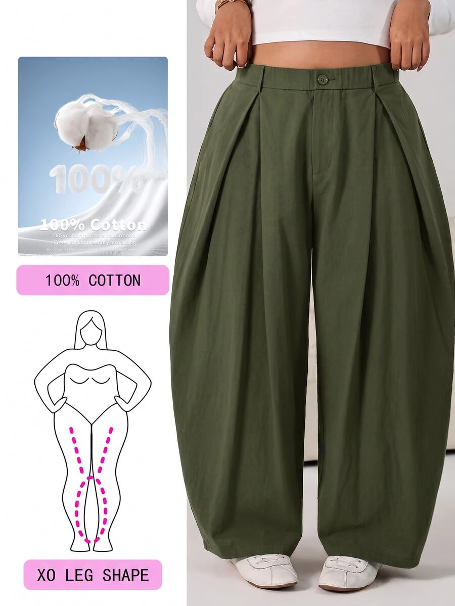 Solflare Plus Size Women's Solid Color Pleated Casual Versatile Daily Travel Long Pants - Army Green - View 1