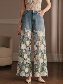 Anewsta Women's Elegant Floral Lace Patchwork Straight Leg Denim Jeans With Pockets - Blue - View 6