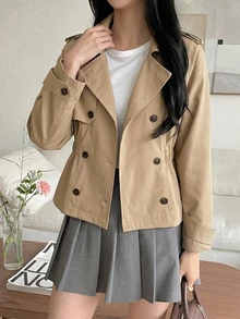 DAZY 女款純色雙排扣長袖休閒風衣外套，秋冬款 - 卡其色 - 查看 3