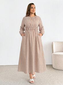 SHEIN Essnce 女款大尺碼杏色條紋中長洋裝,休閒寬鬆舒適,長袖收腰設計,適合秋冬、感恩節、新年 - 杏色 - 查看 7