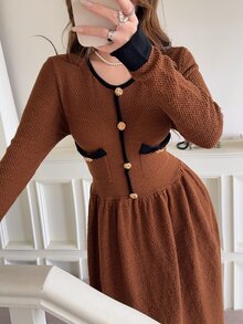 Feyla Women's Colorblock Round Neck Long Sleeve Button Design Elegant Knit Dress - Khaki - View 5