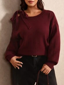 Elaquor Plus Size Autumn/Winter Casual Solid Color Hollow Out Lace-Up Sweater - Burgundy - View 5