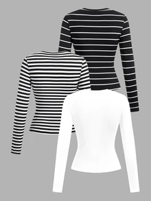 SHEIN EZwear 女款 3 件組圓領休閒修身長袖 T 恤，適合秋季 - 彩色 - 查看 2