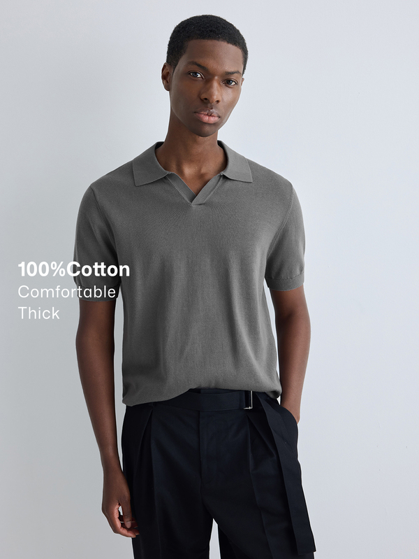 Merionis Men's Solid Color Polo Collar Short Sleeve Casual Knit Top