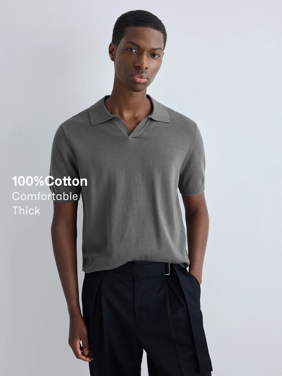 Merionis Men's Solid Color Polo Collar Short Sleeve Casual Knit Top - Dark Grey - View 1