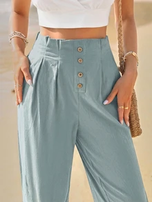 SHEIN Frenchy Casual Versatile Solid Color High Waist Long Pants - Dusty Blue - View 2