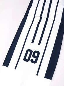 SHEIN 青少年女孩立領半拉鍊運動衫，海軍藍與白色拼接條紋，09號碼印花，寬鬆休閒運動長袖上衣，適合春秋季 - 彩色 - 查看 6