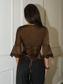 Allurite Autumn Bell Sleeve Satin Patchwork Lace Trim Asymmetrical Hem Top Dinner Dark Brown Elegant - Coffee Brown - View 2