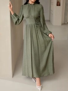 Veilorie Women's French Polka Dot Print Drawstring Tie Ruched Dress - Green - View 3