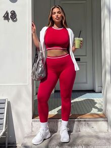 SHEIN Sovereign Charm Women's Plus Size Striped Cropped Tank Top And Leggings Sports Set - Red - View 1