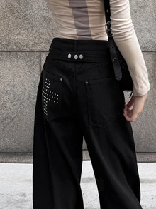 FRIFUL Celana Jeans Denim Kasual Wanita dengan Saku Motif Silang dan Hem Melengkung - Hitam - View 5