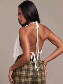 Hauture Women's Sexy Casual Cowl Neck Ruched Chiffon Backless Top - White - View 2