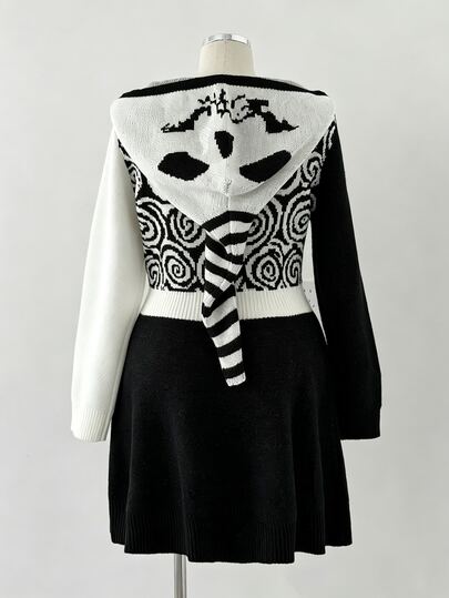 Sunspun Plus Size Women's Dark Halloween Skull Ghost Face Hooded Plus Size Hat Spiral Swirl Pattern A-Line Hem Asymmetric Color Sleeve Knit Sweater Dress, Party Atmosphere Niche Subculture Gothic Street Style Hot Girl Halloween Outfit, Suitable For Halloween/Autumn Winter/Back To School/Cosplay