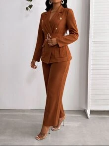 SHEIN Lady Women's Solid Color Lapel Neck Double-Breasted Jacket And Pants Suit Set - Brown - View 6