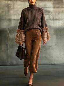 SHEIN Set 2 Potong Maillard: Atasan Rajut Leher Tinggi dengan Patchwork dan Ruffle Satin Cuff + Celana Jogger Corduroy Warna Caramel - Coklat - View 1