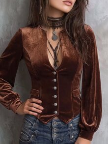 Solivie Women's Elegant Velvet Slim Fit Jacket, Autumn  Party  Going Out Tops Casual Blouses For Women Elegant Women's Blouses - Camel - View 5