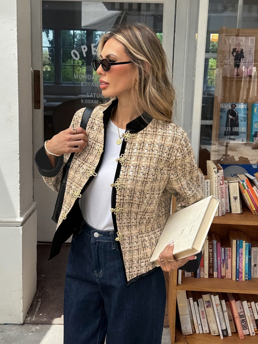 Serisse Women's Vintage Elegant Versatile Frog Button Long Sleeve Jacket For Business Office Beige Autumn - Multicolor - View 1
