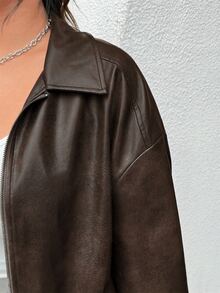 Muchica Plus Size Distressed PU Leather Loose Jacket - Coffee Brown - View 6