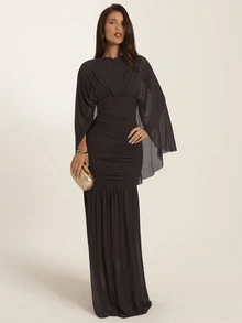 SHEIN BAE Women's Solid Color Round Neck Batwing Sleeve Pleated Elegant Dress - Coffee Brown - View 5